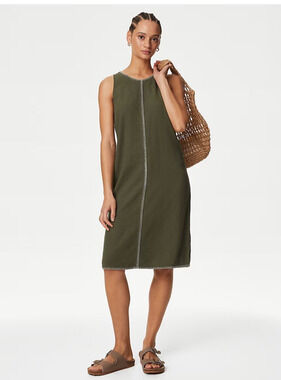 M&S Marks And Spencer Dress US 14 Linen Rich Green Vacation Resort Wear Shift